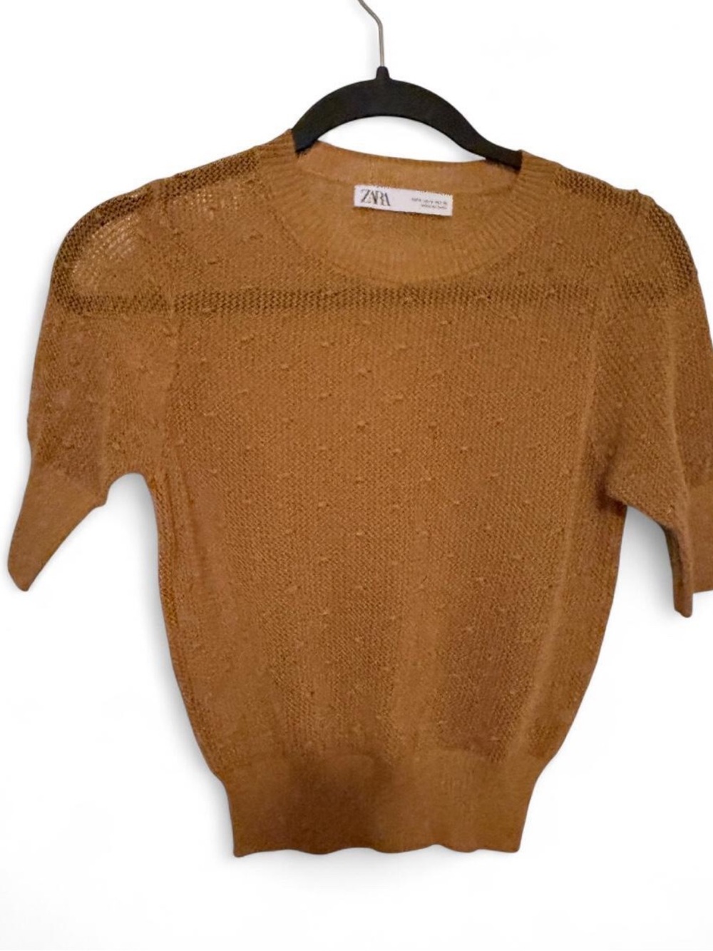 Zara Short Sleeve Crew Knit Sweater in Camel Brown